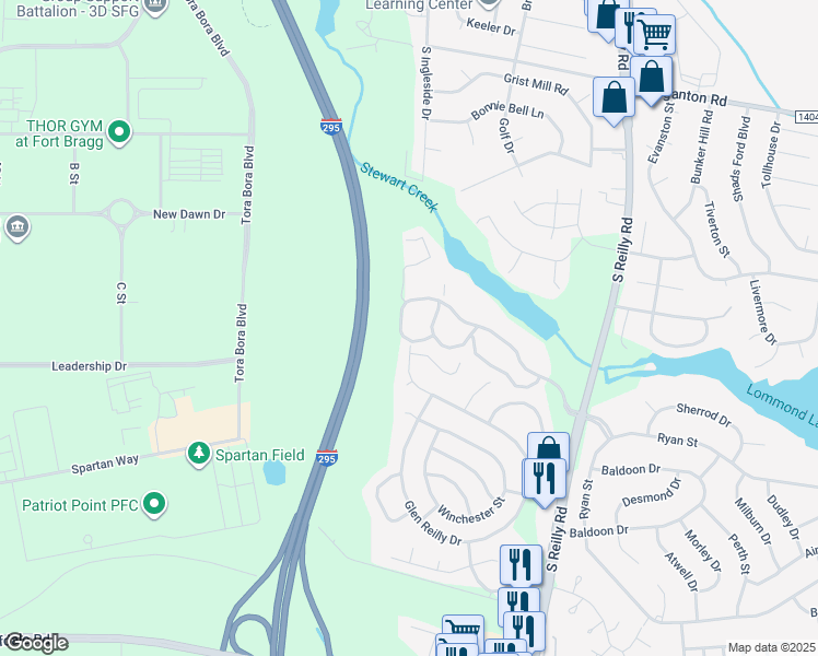 map of restaurants, bars, coffee shops, grocery stores, and more near 6821 Willowbrook Drive in Fayetteville