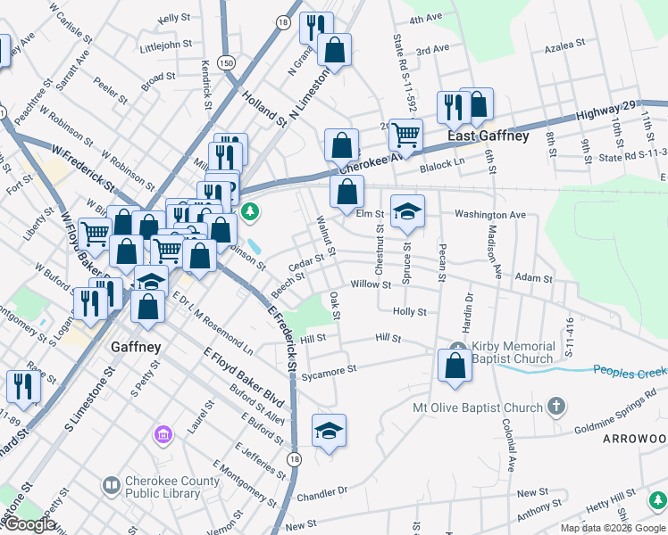 map of restaurants, bars, coffee shops, grocery stores, and more near 5 Oak Street in Gaffney