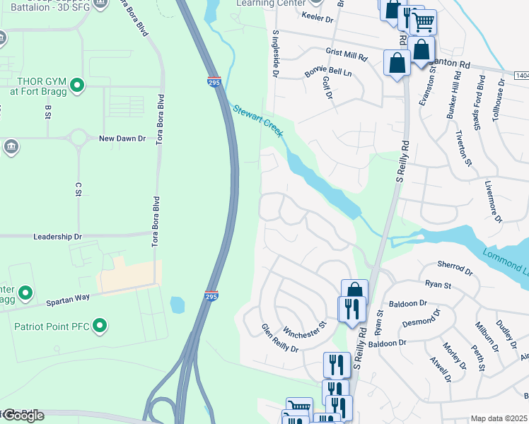map of restaurants, bars, coffee shops, grocery stores, and more near 6813 Willowbrook Drive in Fayetteville