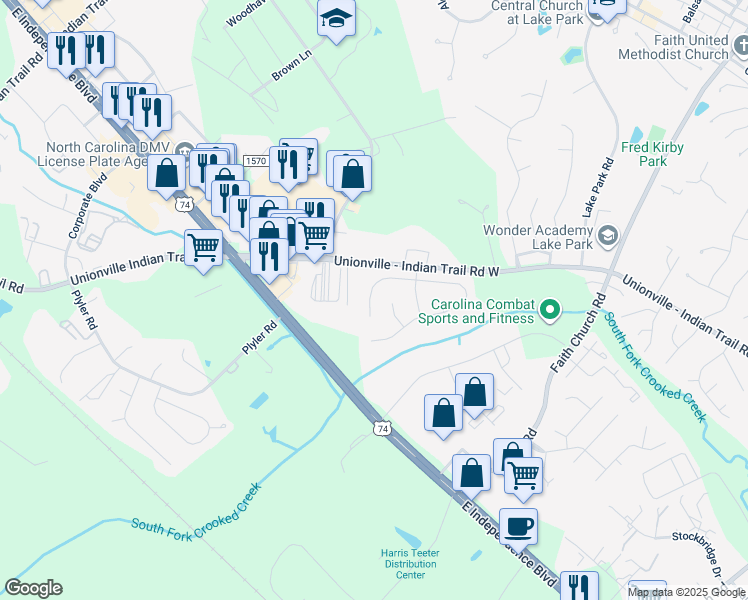 map of restaurants, bars, coffee shops, grocery stores, and more near 5005 Alexis Drive in Indian Trail