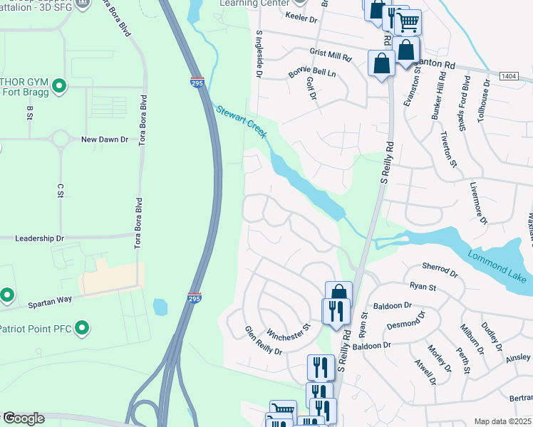 map of restaurants, bars, coffee shops, grocery stores, and more near 1014 Wood Creek Drive in Fayetteville
