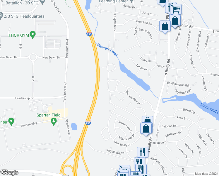 map of restaurants, bars, coffee shops, grocery stores, and more near 6821 Willowbrook Drive in Fayetteville