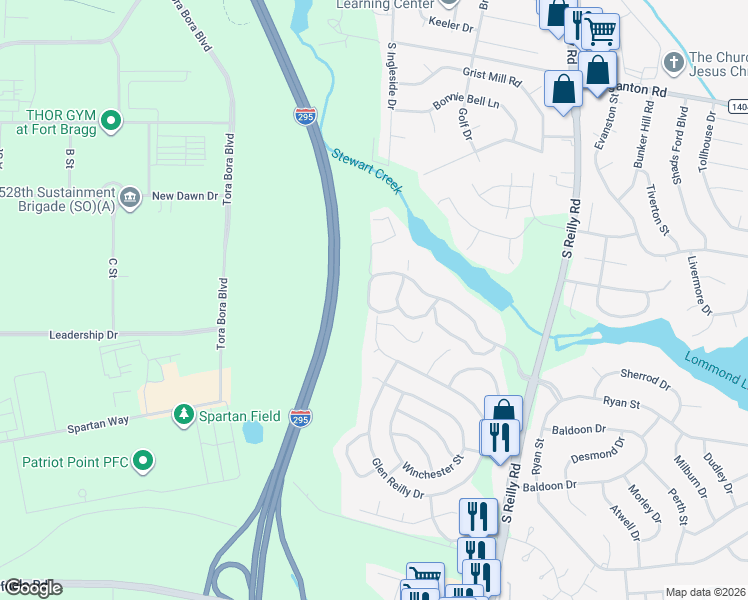 map of restaurants, bars, coffee shops, grocery stores, and more near 6821 Willowbrook Drive in Fayetteville