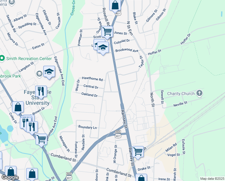 map of restaurants, bars, coffee shops, grocery stores, and more near 110 Peace Street in Fayetteville