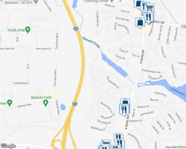 map of restaurants, bars, coffee shops, grocery stores, and more near 6813 Willowbrook Drive in Fayetteville
