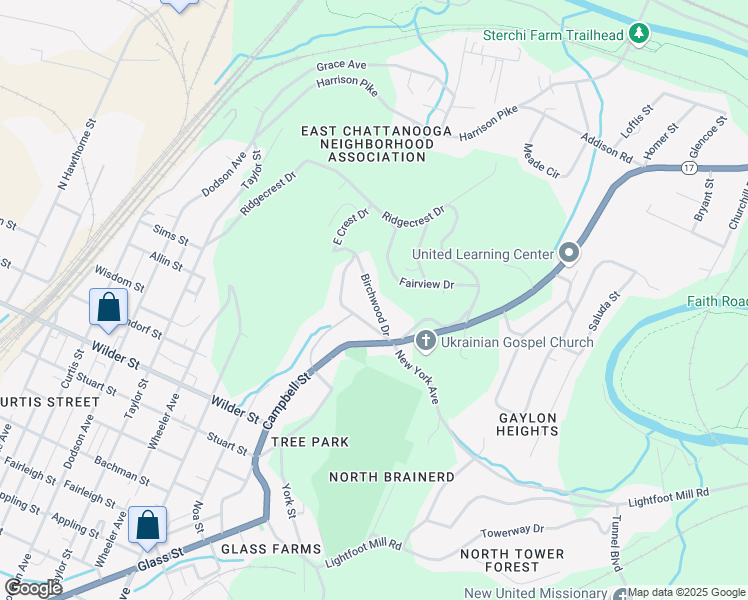 map of restaurants, bars, coffee shops, grocery stores, and more near 3401 Birchwood Drive in Chattanooga
