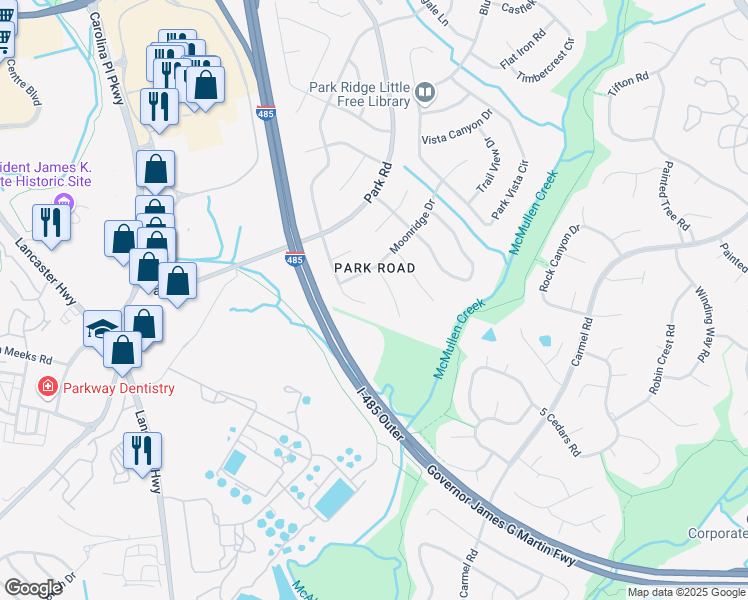 map of restaurants, bars, coffee shops, grocery stores, and more near 11429 Kingfisher Drive in Charlotte