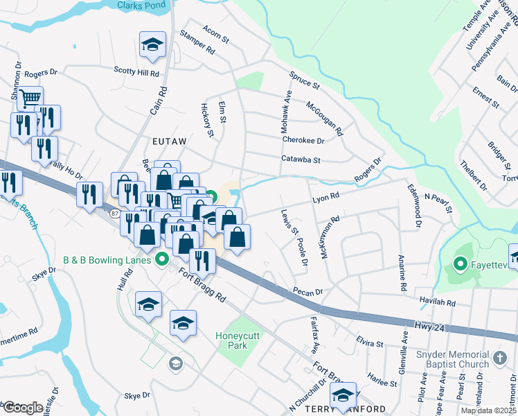map of restaurants, bars, coffee shops, grocery stores, and more near 1918 Lyon Road in Fayetteville
