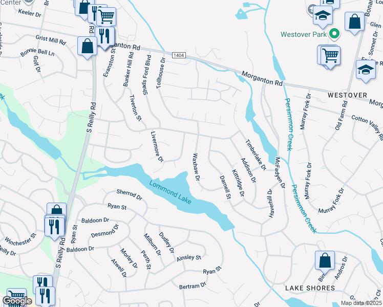 map of restaurants, bars, coffee shops, grocery stores, and more near 218 Waxhaw Drive in Fayetteville