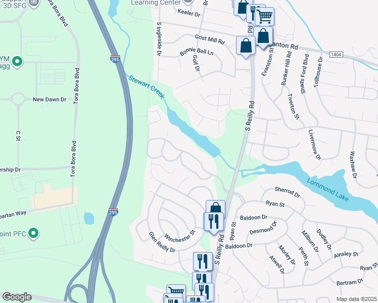 map of restaurants, bars, coffee shops, grocery stores, and more near 6748 Willowbrook Drive in Fayetteville