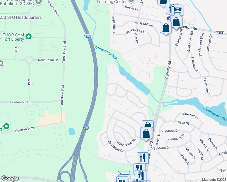 map of restaurants, bars, coffee shops, grocery stores, and more near 1021 Wood Creek Drive in Fayetteville