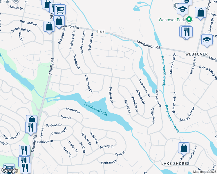 map of restaurants, bars, coffee shops, grocery stores, and more near 218 Waxhaw Drive in Fayetteville