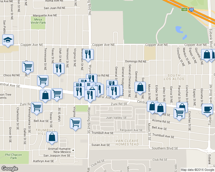 map of restaurants, bars, coffee shops, grocery stores, and more near 109 General Arnold Street Northeast in Albuquerque