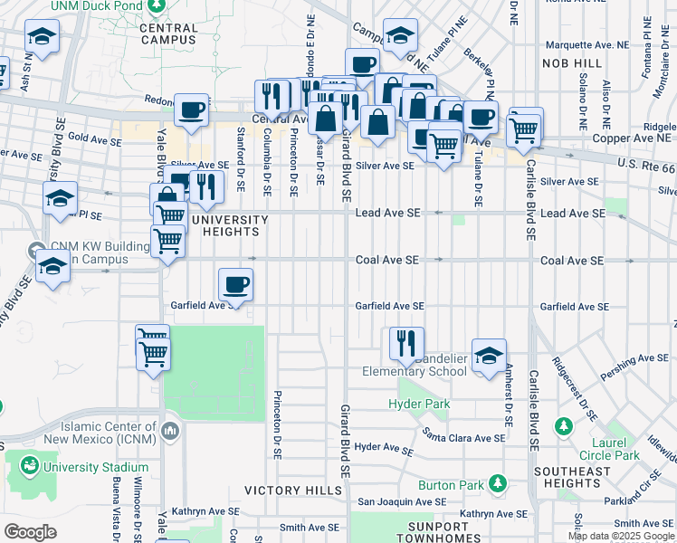 map of restaurants, bars, coffee shops, grocery stores, and more near 413 Girard Boulevard Northeast in Albuquerque