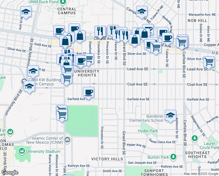 map of restaurants, bars, coffee shops, grocery stores, and more near 414 Princeton Drive Southeast in Albuquerque