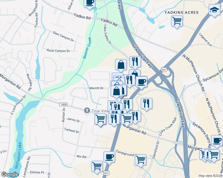 map of restaurants, bars, coffee shops, grocery stores, and more near 144 Old Gate Road in Fayetteville