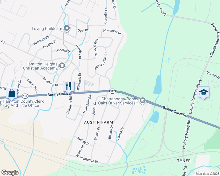 map of restaurants, bars, coffee shops, grocery stores, and more near 6410 Bonny Oaks Drive in Chattanooga