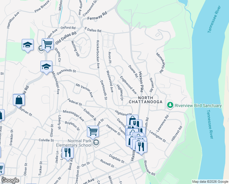 map of restaurants, bars, coffee shops, grocery stores, and more near 1217 Highland Drive in Chattanooga
