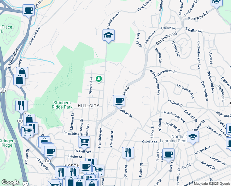 map of restaurants, bars, coffee shops, grocery stores, and more near 1004 Meroney Street in Chattanooga
