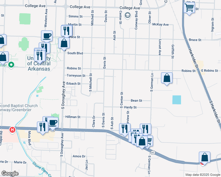 map of restaurants, bars, coffee shops, grocery stores, and more near 400 South Davis Street in Conway