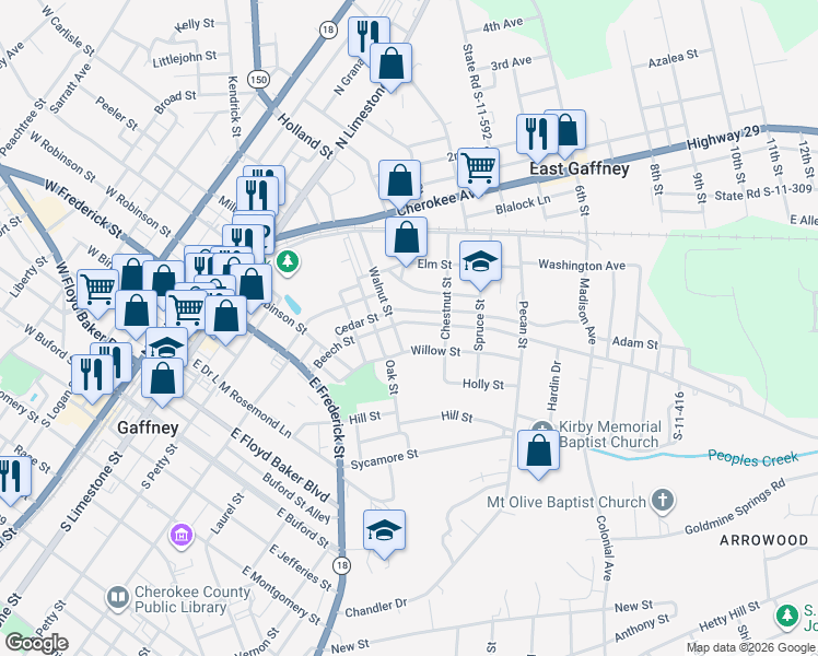 map of restaurants, bars, coffee shops, grocery stores, and more near 407 Willow Street in Gaffney