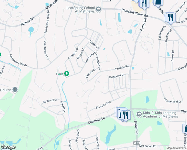 map of restaurants, bars, coffee shops, grocery stores, and more near 3668 Privette Road in Matthews
