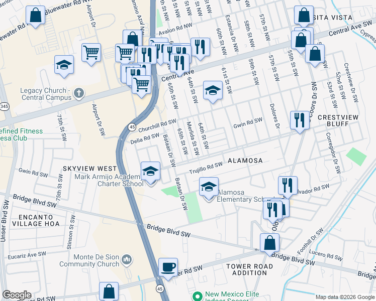 map of restaurants, bars, coffee shops, grocery stores, and more near 433 Merlida Street Southwest in Albuquerque