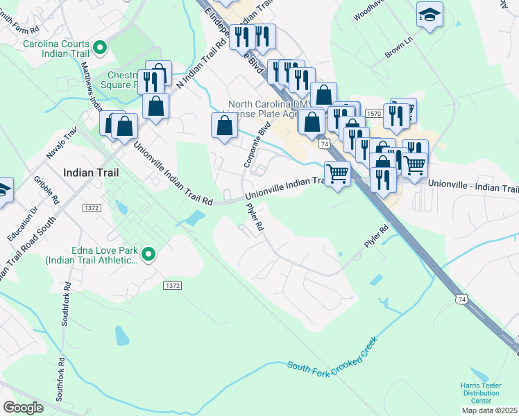 map of restaurants, bars, coffee shops, grocery stores, and more near 125 Plyler Road in Indian Trail