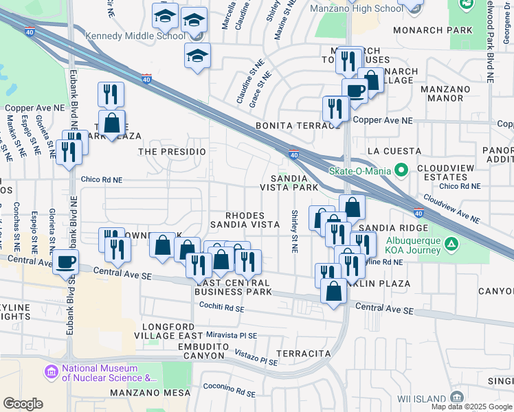 map of restaurants, bars, coffee shops, grocery stores, and more near 421 Martha Street Northeast in Albuquerque