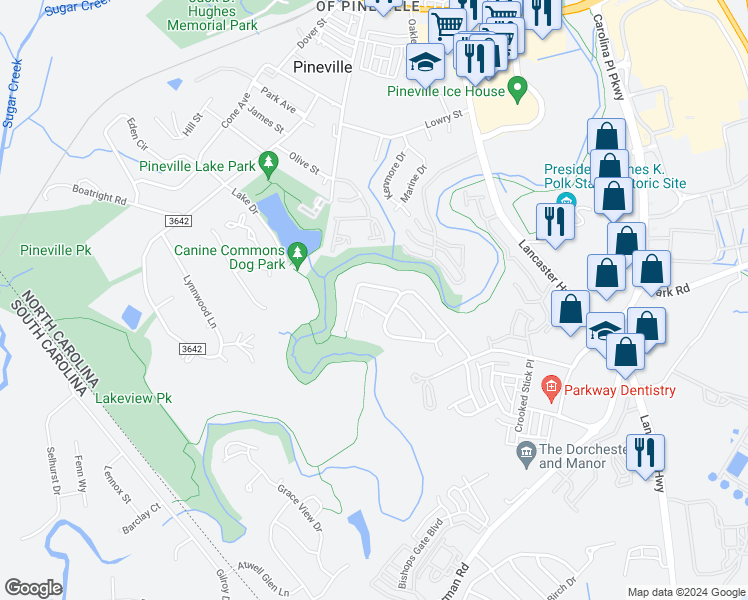 map of restaurants, bars, coffee shops, grocery stores, and more near 926 Standen Place Court in Pineville