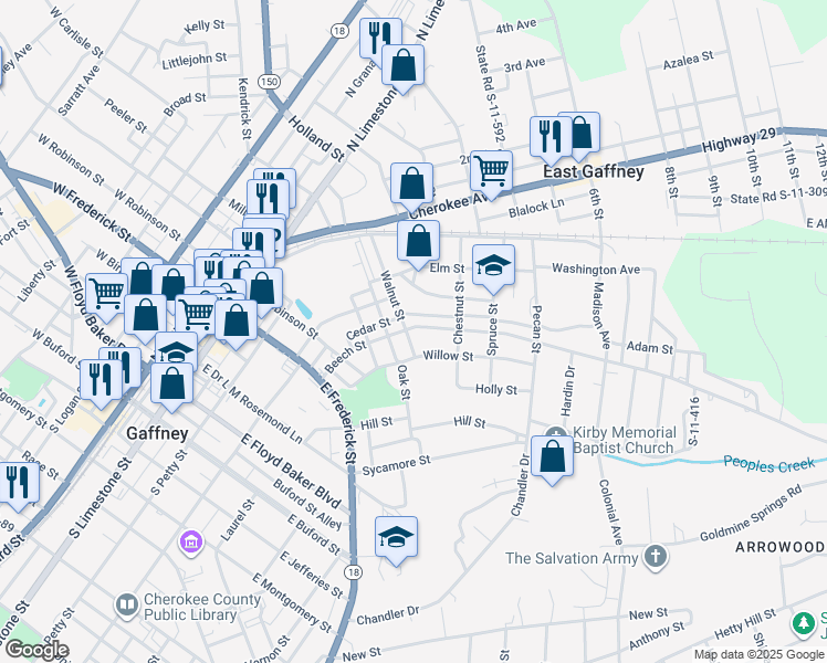 map of restaurants, bars, coffee shops, grocery stores, and more near 5 Oak Street in Gaffney