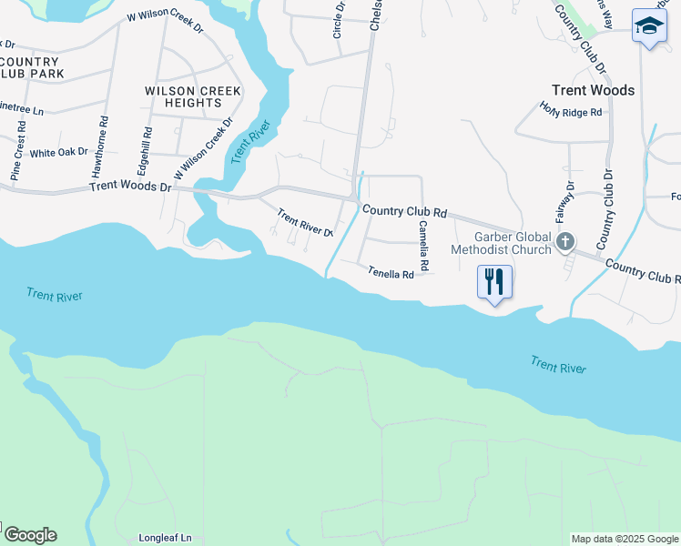 map of restaurants, bars, coffee shops, grocery stores, and more near 4603 Tenella Road in Trent Woods