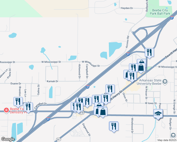map of restaurants, bars, coffee shops, grocery stores, and more near 107 Campbell Drive in Beebe