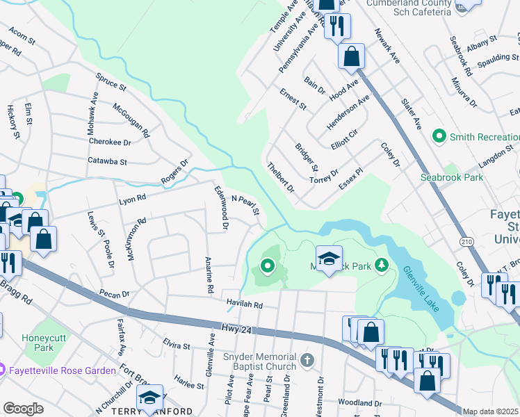 map of restaurants, bars, coffee shops, grocery stores, and more near 833 Shadowlawn Drive in Fayetteville