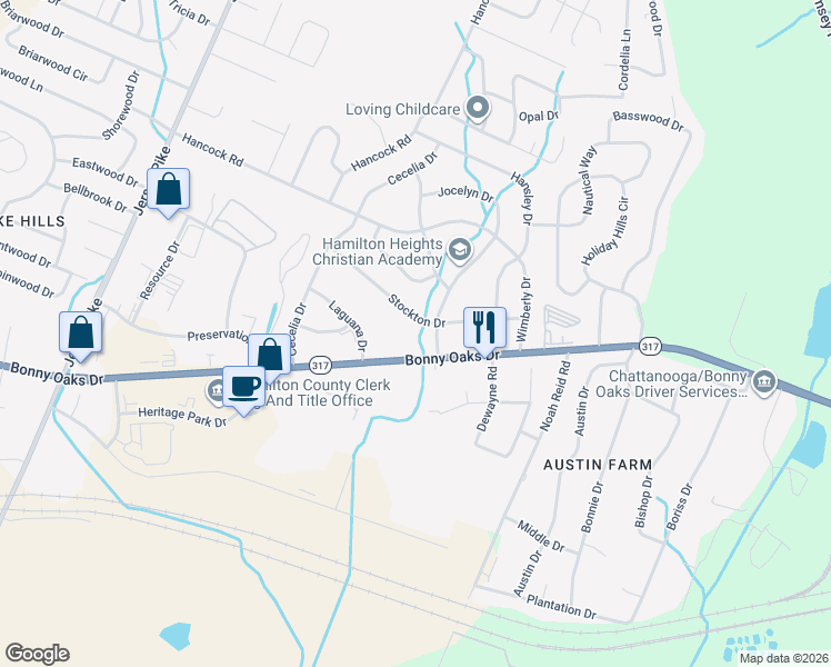 map of restaurants, bars, coffee shops, grocery stores, and more near 6236 Stockton Drive in Chattanooga