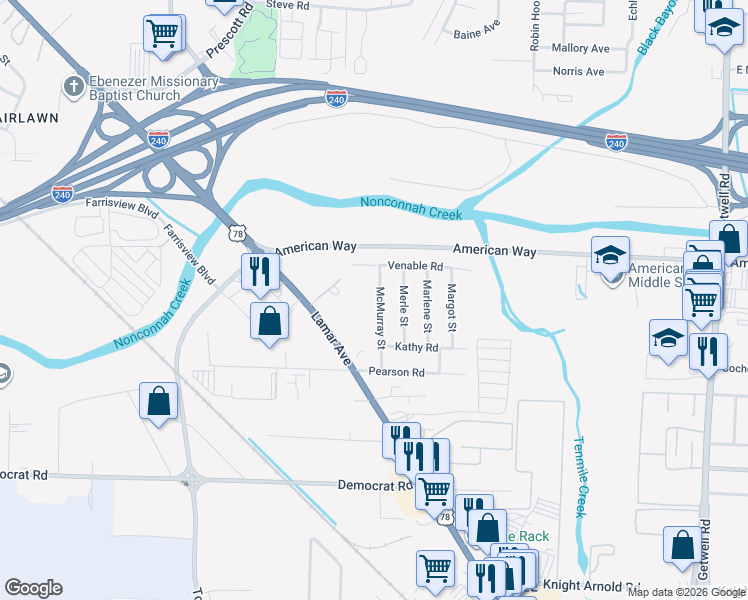 map of restaurants, bars, coffee shops, grocery stores, and more near 2728 McMurray Street in Memphis