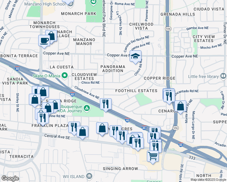 map of restaurants, bars, coffee shops, grocery stores, and more near 12808 Mountain View Avenue Northeast in Albuquerque