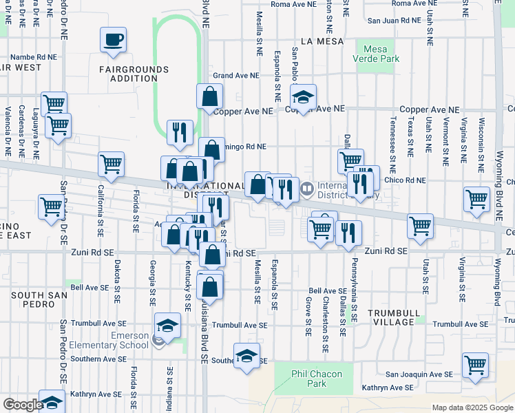 map of restaurants, bars, coffee shops, grocery stores, and more near 216 Alcazar Street Southeast in Albuquerque
