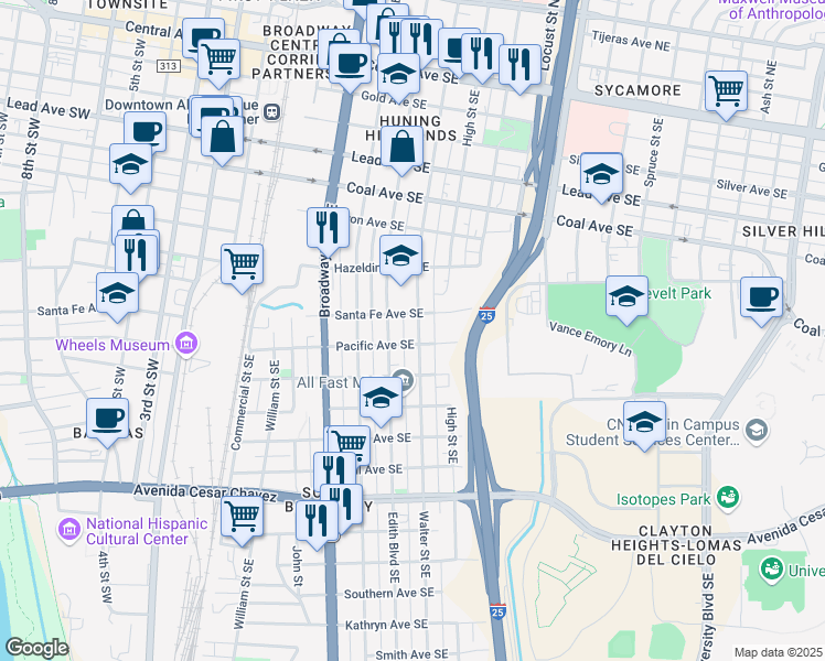 map of restaurants, bars, coffee shops, grocery stores, and more near 815 Walter Street Southeast in Albuquerque