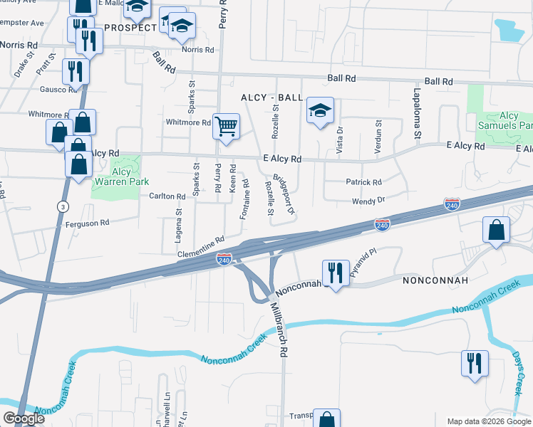 map of restaurants, bars, coffee shops, grocery stores, and more near 2580 Rozelle Street in Memphis