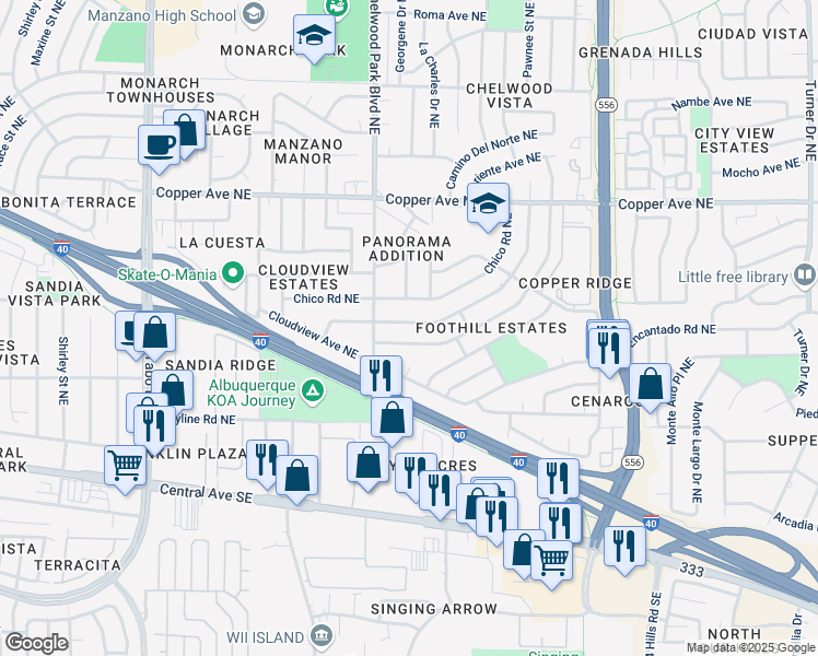 map of restaurants, bars, coffee shops, grocery stores, and more near 12808 Mountain View Avenue Northeast in Albuquerque