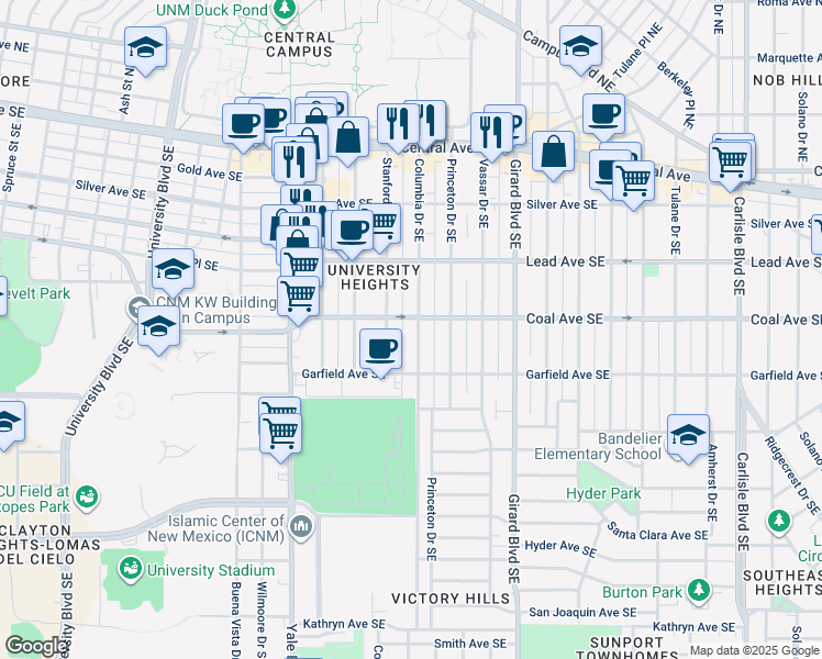map of restaurants, bars, coffee shops, grocery stores, and more near 414 Columbia Drive Southeast in Albuquerque
