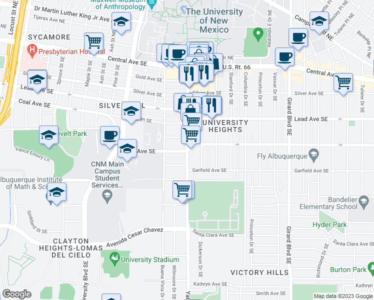 map of restaurants, bars, coffee shops, grocery stores, and more near 409 Yale Blvd SE in Albuquerque