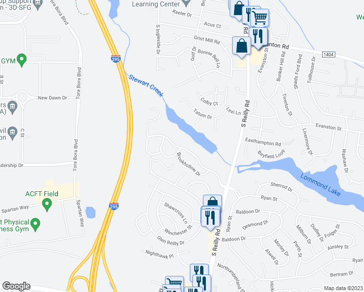 map of restaurants, bars, coffee shops, grocery stores, and more near 1022 Brookhollow Drive in Fayetteville