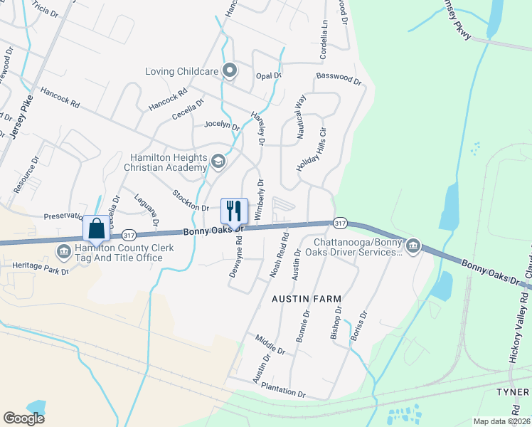 map of restaurants, bars, coffee shops, grocery stores, and more near 6340 Bonny Oaks Drive in Chattanooga