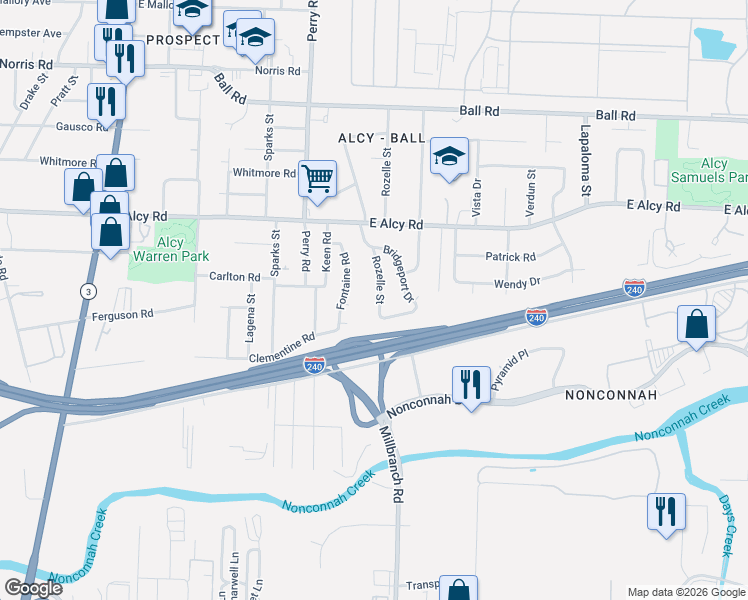 map of restaurants, bars, coffee shops, grocery stores, and more near 2580 Rozelle Street in Memphis