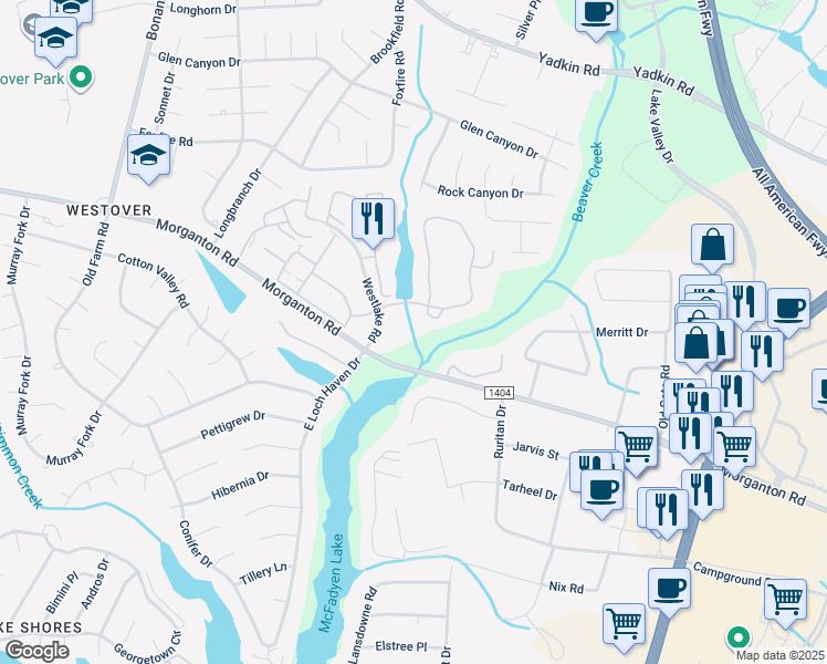 map of restaurants, bars, coffee shops, grocery stores, and more near 357 Waterdown Drive in Fayetteville