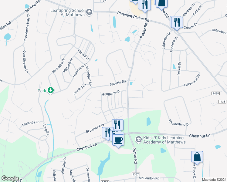 map of restaurants, bars, coffee shops, grocery stores, and more near 1100 Bungalow Drive in Matthews