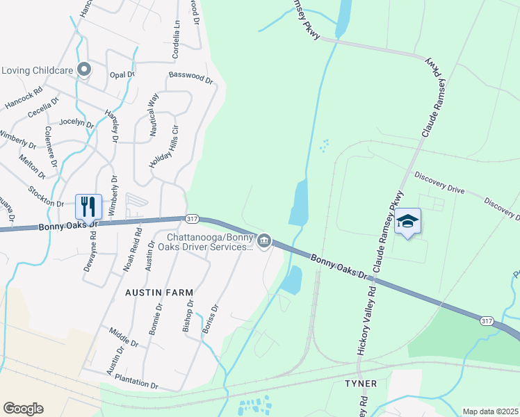 map of restaurants, bars, coffee shops, grocery stores, and more near 6511 Bonny Oaks Drive in Chattanooga