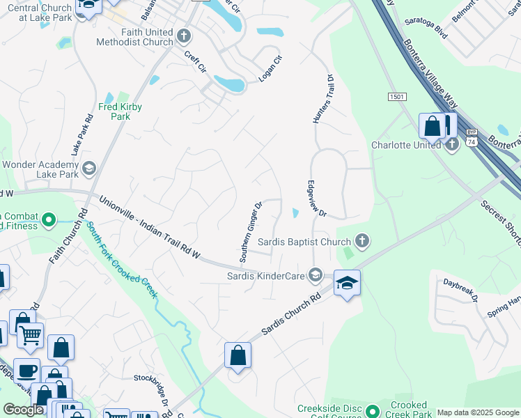 map of restaurants, bars, coffee shops, grocery stores, and more near 3510 Southern Ginger Drive in Indian Trail